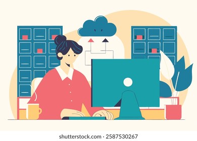 Berlin, Germany – January 4, 2024:Remote Work. Woman with Laptop and Cloud Storage. Office work