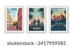 Berlin, Germany. Los Angeles, USA. Mumbai, India. Vintrage travel poster. Wall Art and Print Set for Hikers, Campers, and Stylish Living Room Decor.