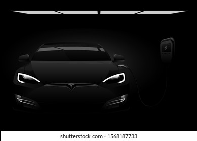 Berlin, Germany - November, 2018: Black electric car Tesla Model S with a charging station in the dark. Vector illustration	