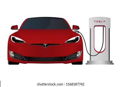 Berlin, Germany - November, 2018: Red Tesla Model S with Tesla Supercharger. Vector illustration	