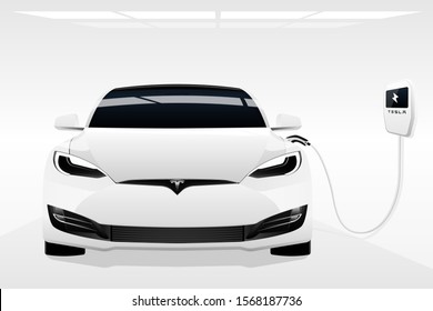 Berlin, Germany - November, 2018: White electric car Tesla Model S with a charging station. Vector illustration	