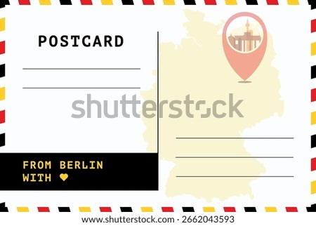 From Berlin, Germany postal card template. Vector postcard illustration with landmark, German map, message place. Simple flat greetings image layout