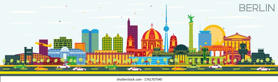 Berlin Germany Skyline with Color Buildings and Blue Sky. Vector Illustration. Business Travel and Tourism Concept with Historic Architecture. Berlin Cityscape with Landmarks.