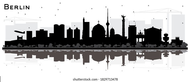 Berlin Germany Skyline Silhouette with Black Buildings and Reflections Isolated on White. Vector Illustration. Business Travel and Tourism Concept with Historic Architecture. Berlin Cityscape.