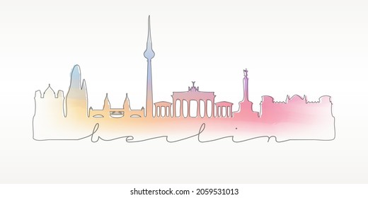 Berlin, Germany Skyline Watercolor City Illustration. Famous Buildings Silhouette Hand Drawn Doodle Art. Vector Landmark Sketch Drawing.