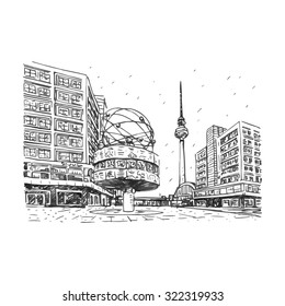 Berlin, Germany. TV tower and world clock at Alexanderplatz train station. Vector hand drawn sketch.