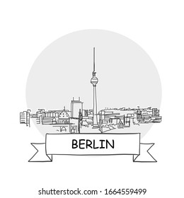 Berlin Hand-Drawn Urban Vector Sign. Black Line Art Illustration with Ribbon and Title.