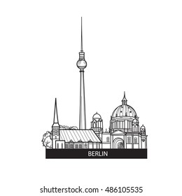 Berlin label. Travel german city sign. Germany architectural famous buildings