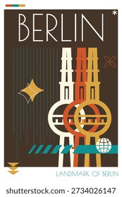 Berlin landmark poster in retro futurism style. Vintage printable vector cover, postcard, illustration. Futuristic, halftone Germany city art with iconic monument, building