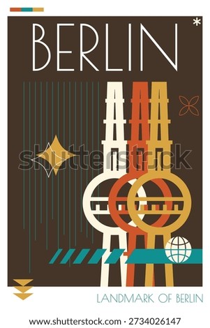 Berlin landmark poster in retro futurism style. Vintage printable vector cover, postcard, illustration. Futuristic, halftone Germany city art with iconic monument, building