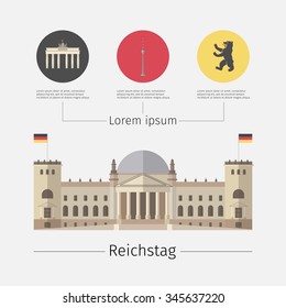 Berlin landmarks and symbol . Reichstag, Brandeburg gate, Fernsehturm and Bear.