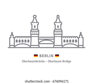 Berlin line icon. Oberbaum bridge and german flag vector illustration.