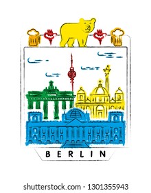 Berlin linear landmarks, skyline vector illustration and typography design 