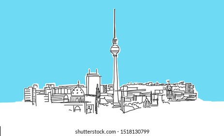 Berlin Lineart Vector Sketch. and Drawn Illustration on blue background.