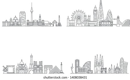 Berlin, London, Paris, Barcelona cities skylines. Line art illustration