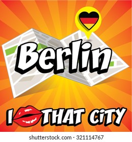 Berlin. I Love That City. Vector Illustration with country flag.