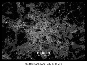 Mapa de Berlín. Afiche detallado del mapa oscuro de Berlín (Alemania). Las características naturales (lagos, ríos), los distintos tipos de carreteras y edificios se agrupan por separado.