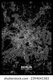 Mapa de Berlín. Afiche detallado del mapa oscuro de Berlín (Alemania). Las características naturales (lagos, ríos), los distintos tipos de carreteras y edificios se agrupan por separado.