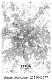 Mapa de Berlín. Afiche detallado del mapa luminoso de Berlín (Alemania). Las características naturales (lagos, ríos), los distintos tipos de carreteras y edificios se agrupan por separado.