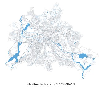 Berlin map. Detailed vector map of Berlin city administrative area. Poster with streets and water on white background.