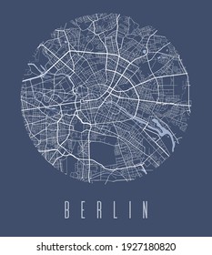 Berlin map poster. Decorative design street map of Berlin city. Cityscape aria panorama silhouette aerial view, typography style. Land, river, highways, avenue. Round circular vector illustration.