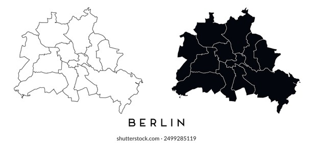 Mapa de Berlín de regiones y distritos Vector negro sobre blanco y contorno