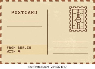 Do modelo de cartão postal de Berlim. Ilustração de cartão postal estilo vintage grungy vetor com selo, marco, mensagem. Layout de imagem simples de saudações simples