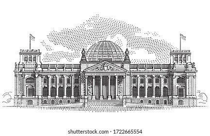 Berlin Reichstag, the German Parliament engraving style illustration. Vector. 