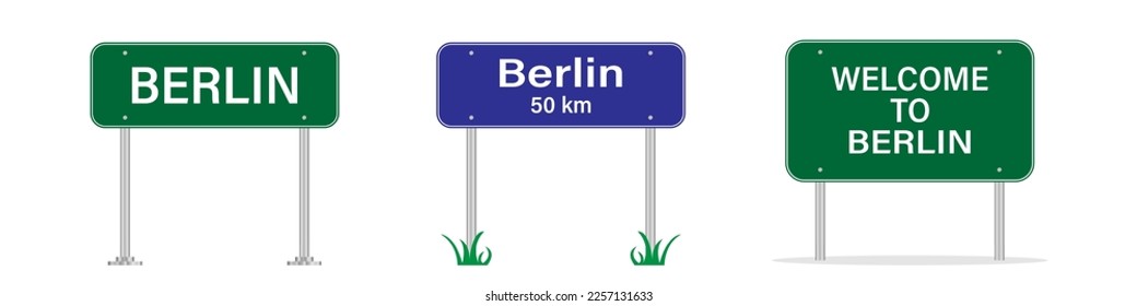 Señal de la carretera de Berlín. Bienvenidos a Berlín en Alemania. El cartel con un nombre de ciudad. Imagen del vector