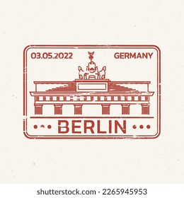 Berlin rubber stamp design with grunge texture. Travel, passport icon or seal with Brandenburg Gate. Germany symbol. Vector illustration.