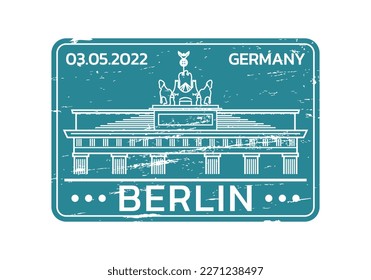 Berlin rubber stamp design with grunge texture. Travel, passport icon or seal with Brandenburg Gate. Germany symbol. Vector illustration.