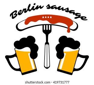 Berlin sausage - logo for your restaurant. Sausage on a fork and two mugs of beer. Vector silhouette.