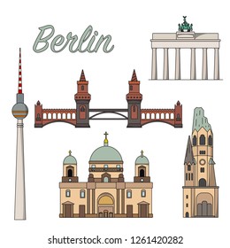 Berlin sightseeing set vector illustration. Oberbaum bridge, Fernsehturm TV Tower, Brandenburg Gates, Berlin Cathedral and Kaiser Wilhelm Memorial Church flat design isolated on white background.