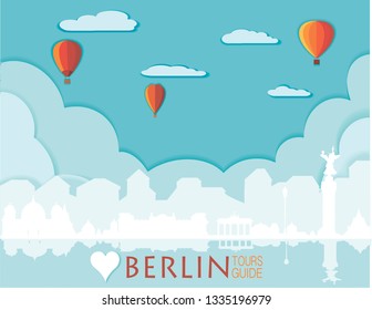 Berlin silhouette, vector skyline illustration, clouds, bridge, collage icon, city panorama river