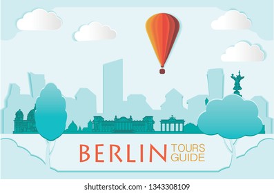 Berlin silhouette, vector skyline illustration, airship, paper cut, clouds, bridge, collage icon, city panorama river