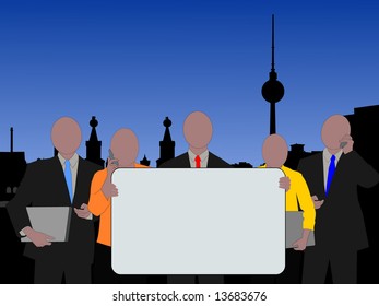 Berlin skyline and business team with sign illustration