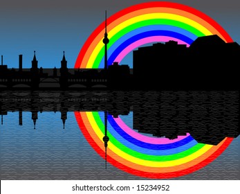 Berlin skyline with colourful rainbow illustration