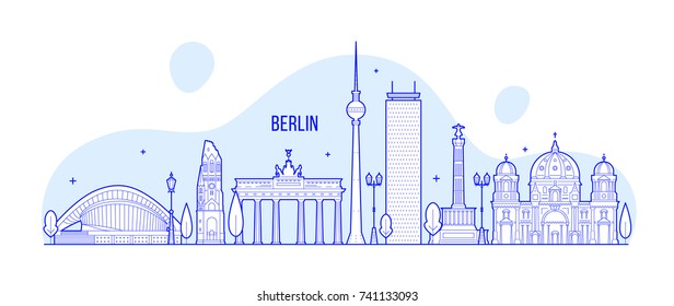 Berlin skyline, Germany. This vector illustration represents the city with its most notable buildings. Vector is fully editable, every object is holistic and movable