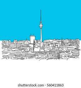 Berlin Skyline, hand-drawn vector drawing, blue series