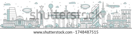 Berlin skyline. Line cityscape with famous building landmarks panorama. Skyline with street Brandenburg Gate, Berlin Cathedral city sights. Capital city constructions outline, architecture concept