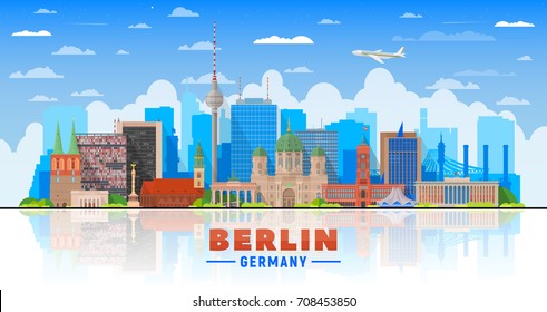 Berlin skyline on a background. Flat vector illustration. Business travel and tourism concept with modern buildings. Image for banner or web site.