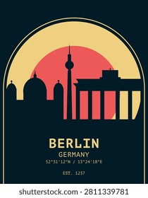 Berlin skyline retro poster with silhouette, vintage city travel Germany graphics. Minimalist industrial mid-century sunset design layout for vinyl covers, postcards, wall art