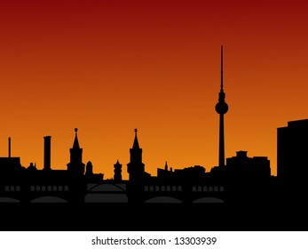 Berlin skyline at sunset with tv tower and Oberbaum Bridge