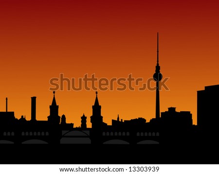 Berlin skyline at sunset with tv tower and Oberbaum Bridge