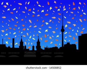 Berlin skyline with tv tower in autumn with falling leaves illustration