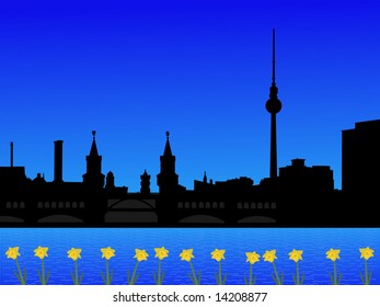 Berlin skyline with tv tower and Bridge in spring with daffodils illustration