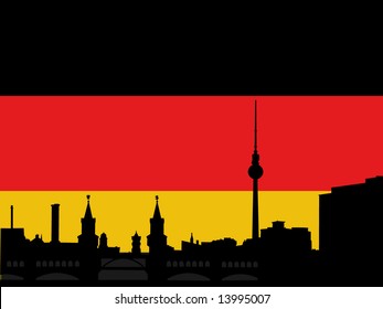 Berlin skyline with tv tower and Oberbaum Bridge againgst German flag