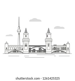 Berlin skyline vector illustration. Oberbaum bridge, Fernsehturm Television Tower and Spree river flat design isolated on white background.