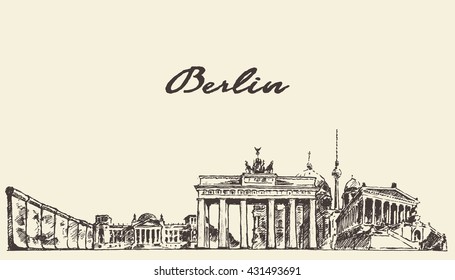 Berlin skyline, vintage vector engraved illustration, hand drawn, sketch