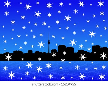 Berlin skyline in winter with falling snow illustration